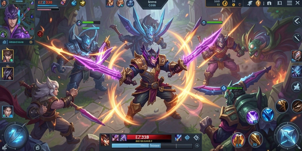 Gameplay seru EZ338 dengan pertarungan strategis di arena MOBA.