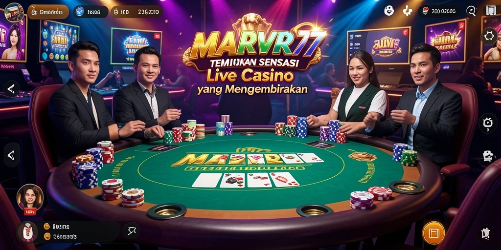Tampilan gameplay seru di MARVRL77 dengan dealer langsung dan atmosfer kasino.