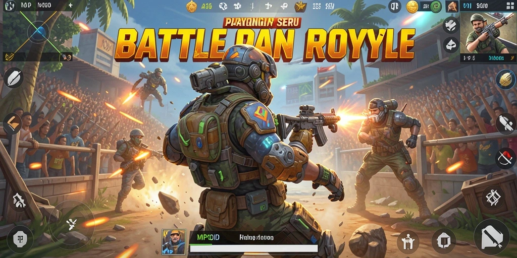 Screenshot utama MPOID menampilkan aksi seru dalam pertarungan Battle Royale.
