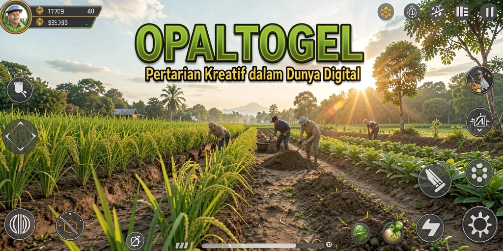 Tampilan gameplay OPALTOGEL dengan ladang subur dan tanaman yang bermekaran.
