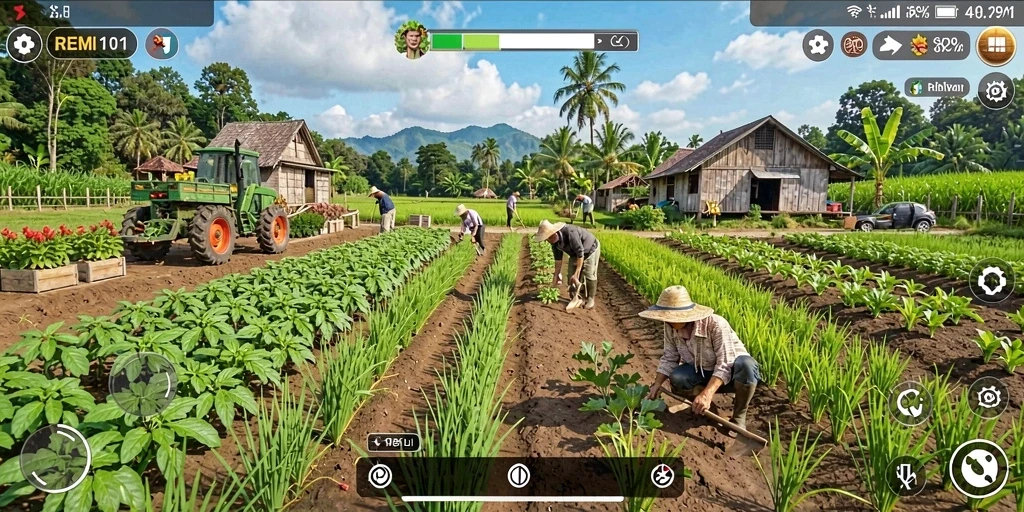 Screenshot utama REMI101 menampilkan suasana kebun yang indah dan kaya akan aktivitas pertanian.