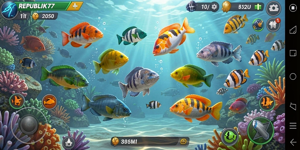 Screenshot gameplay REPUBLIK77 dengan aksi tembak ikan seru.